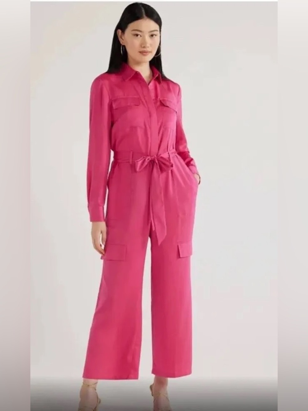 Scoop Pink Satin Jumpsuit Wide Leg Long Sleeve Belted Barbie Disco Size S 4-6